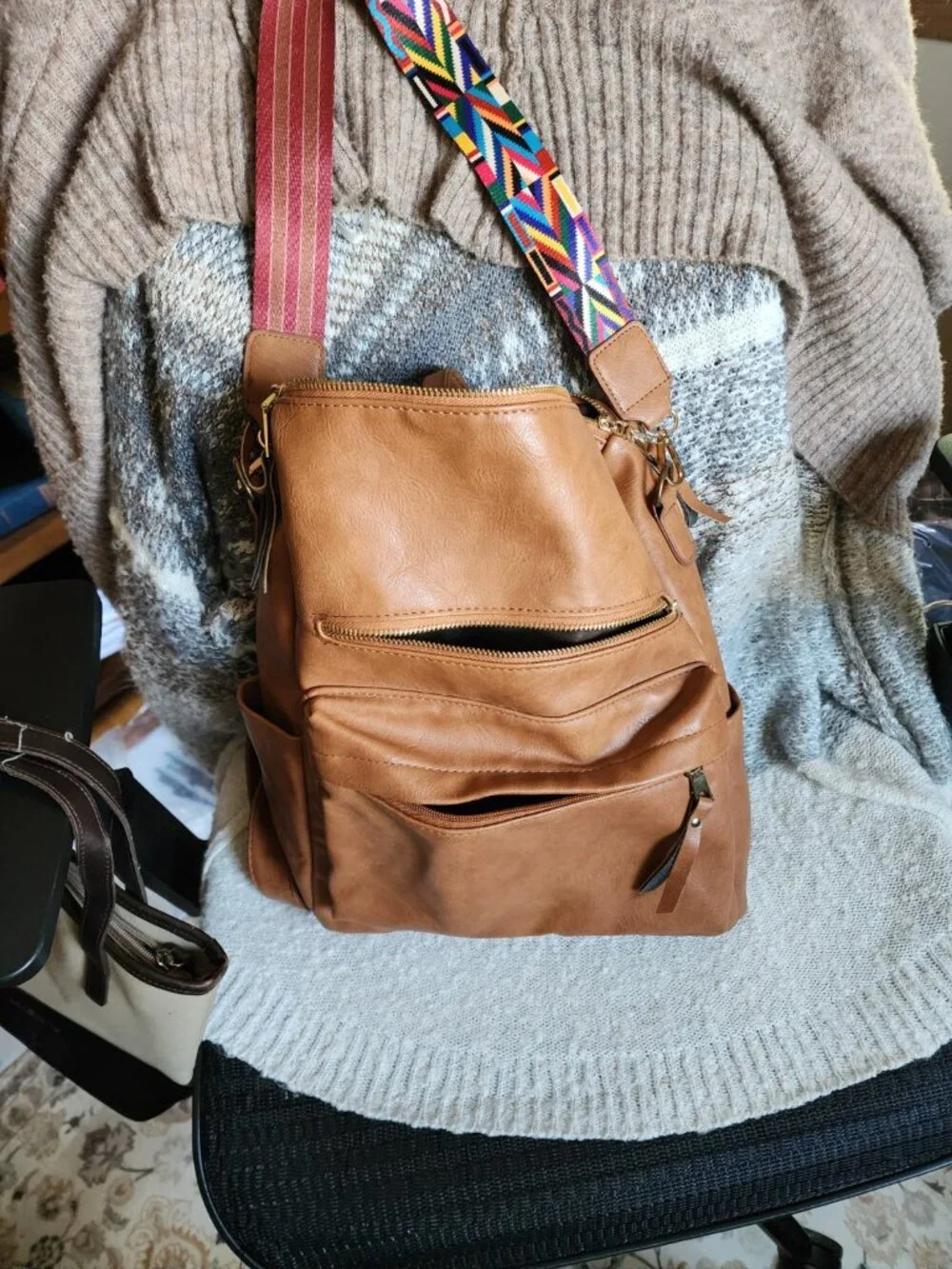 Brown Convertible Backpack Purse Boho Woven Strap FauxLeather